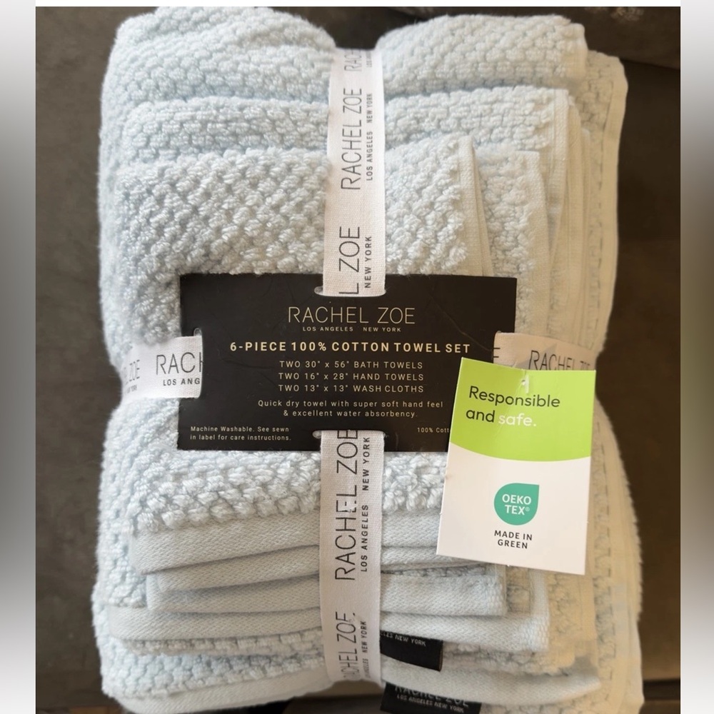 Rachel Zoe 6 Pc Light Blue Bath Towel Set Bath Hand Washcloths Waffle Cotton New